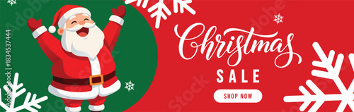 Cheerful Santa Claus Christmas sale banner with green and red background, elegant Christmas script typography, white snowflakes and shop now button, festive holiday shopping promotion design for web a