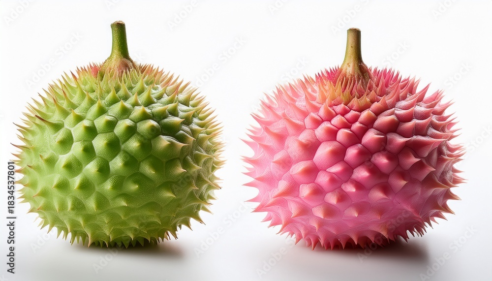 Fototapeta premium unusual spiky fruit with green and pink color isolated on white background