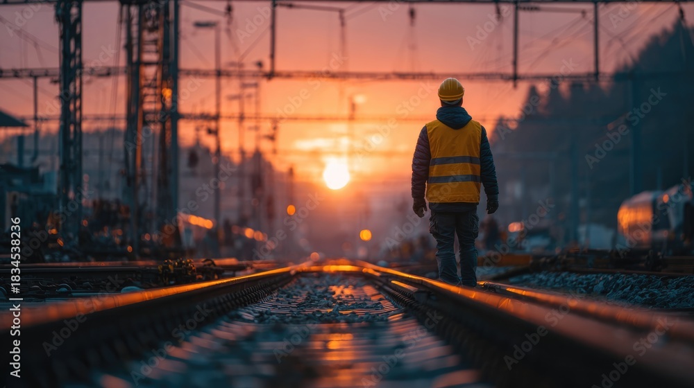 Naklejka premium Railway Worker Walking on Train Tracks at Sunset – Industrial Transportation Scene