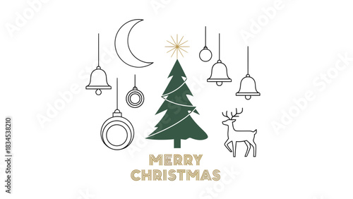Elegant merry christmas design featuring a christmas tree moon ornaments bells and a reindeer on a black background