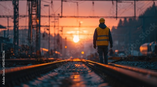 Railway Worker Walking on Train Tracks at Sunset – Industrial Transportation Scene