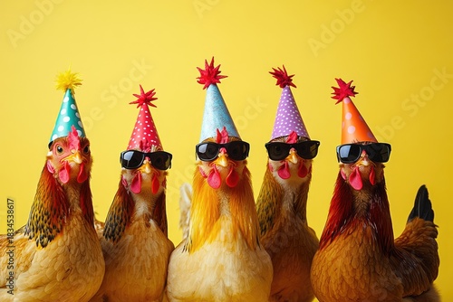 Wallpaper Mural Colorful Party Chickens with Sunglasses and Hats on Yellow Studio Backdrop Torontodigital.ca
