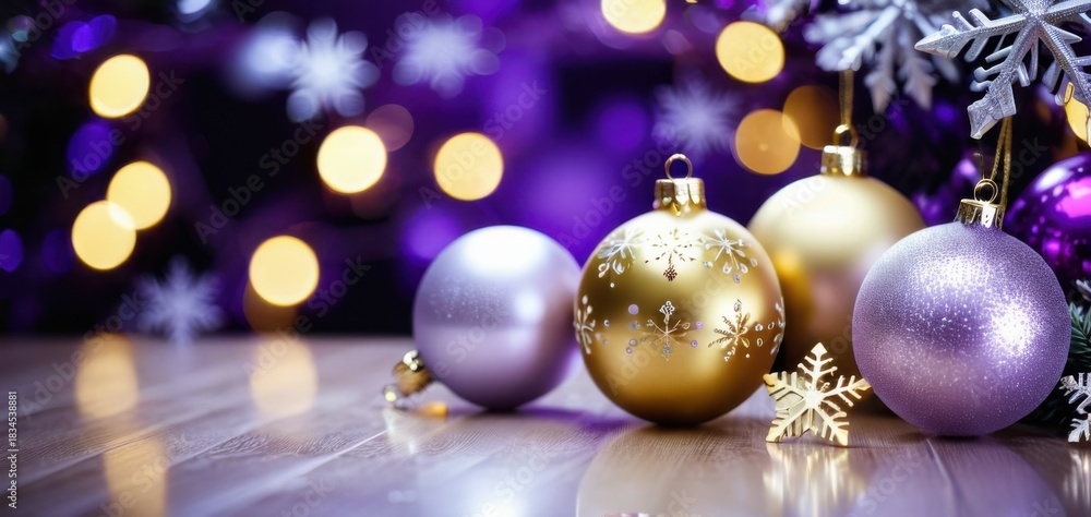 Fototapeta premium christmas ornaments on wooden surface with bokeh lights, banner, concept of holiday, retail