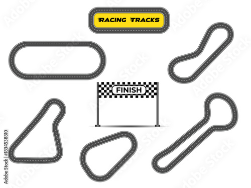 Set of racing tracks and finish line banner, isolated on white background