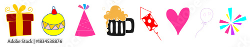 A colorful set of hand-drawn party and celebration icons including a gift, beer, heart, and fireworks.