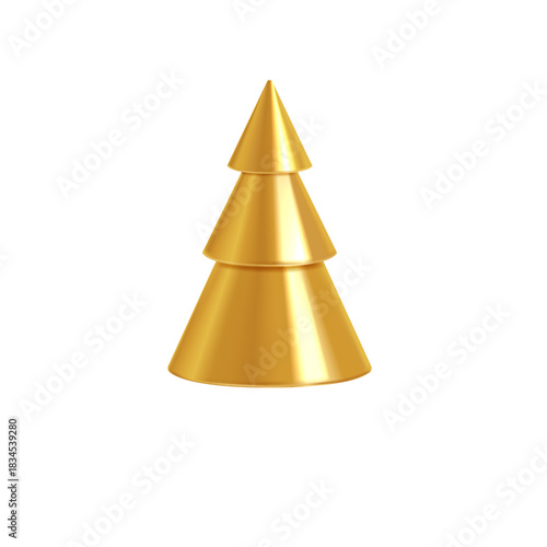 A modern, geometric Christmas tree rendered in shiny gold with three conical tiers.