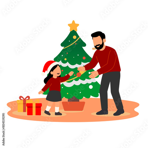 A bearded father and his young daughter in a Santa hat happily decorating a Christmas tree together.
