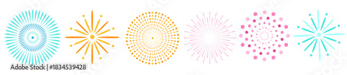 A colorful collection of six stylized firework bursts and sunburst icons with various radial patterns.