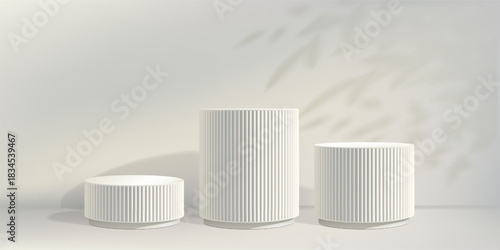 Marble sculpture podium bg, 3d pillar product stand. White pedestal, elegant platform. Pastel cosmetic home stage with plant shadow, exhibition display base. Abstract award set of three cylinders