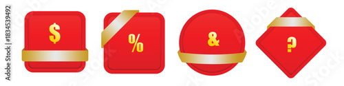 Set of red and gold promotional tags with shiny ribbons and financial symbols.