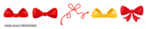 A vibrant collection of red and yellow cartoon-style gift bows and ribbons for festive decoration.