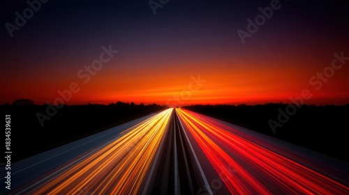 Vibrant Sunset Over Highway with Light Trails from Moving Vehicles Captured in Long Exposure, Creating a Beautiful Visual Effect