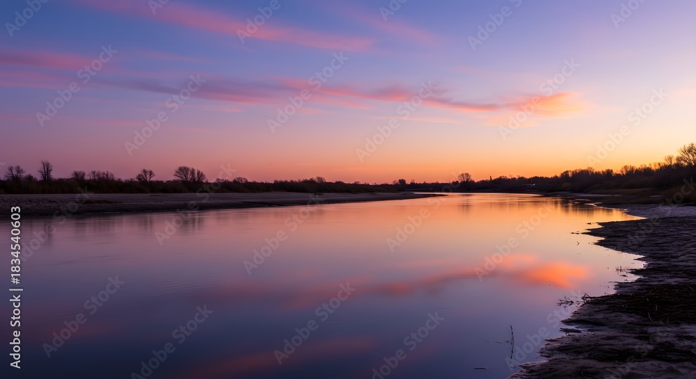 Fototapeta premium The delicate gradient of a sunset sky reflected in water.