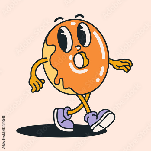 Groovy donut character with caramel orange glaze in fun retro cartoon style. Playful doughnut illustration with expressive face and lively walking pose. Great for stickers, menus and kids designs