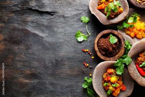 African cuisine: colorful vegetable wots on injera, spicy red sauce, dark wooden background, copy space