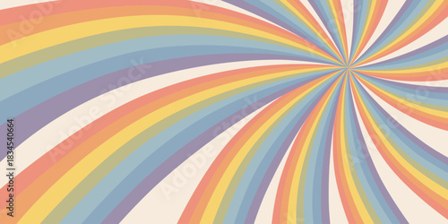 Rainbow swirl background with pastel sunburst rays in abstract psychedelic composition. Rainbow swirl design with curved striped pattern and soft retro tones. Vector illustration