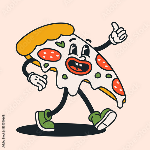 Groovy cartoon pizza slice character in retro style. Playful walking pizzas s...