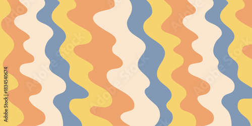 Wavy marble pattern background in warm tones of orange, yellow, and blue with fluid abstract curves. Wavy marble pattern with smooth retro flow. Vector illustration