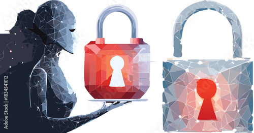 Cyber security threat concept with hacker silhouette in low poly style. Glowing red lock icon on dark digital background symbolizes online fraud and cyber attack danger. Vector illustration