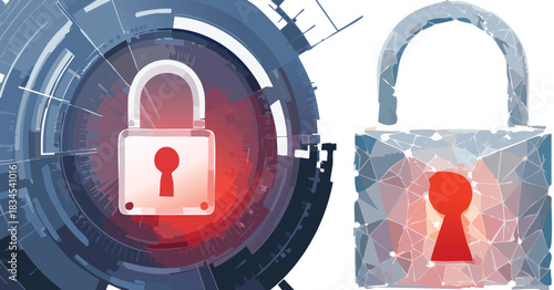 Cyber security threat concept with hacker silhouette in low poly style. Glowing red lock icon on dark digital background symbolizes online fraud and cyber attack danger. Vector illustration