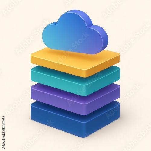 Cloud storage solutions represented by colorful stacked blocks with a cloud symbol on top creating a modern digital aesthetic for technology, innovation in data management