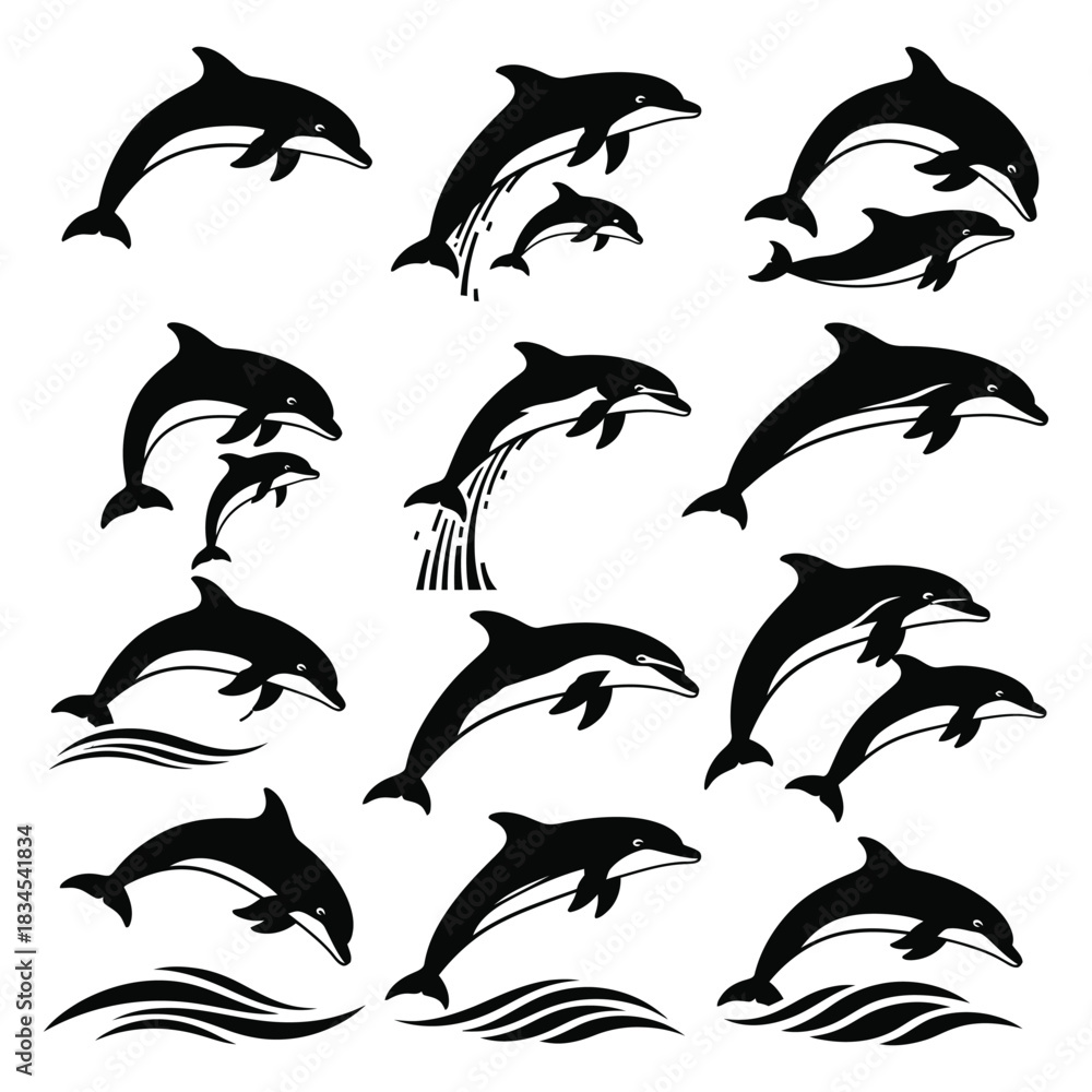 Naklejka premium Dolphin silhouettes: aquatic mammals jumping, swimming, diving