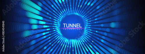 Quantum tunnel with abstract portal and motion for structure background. AI data and texture for grid illustration. Cyber tech and wormhole for science art concept.