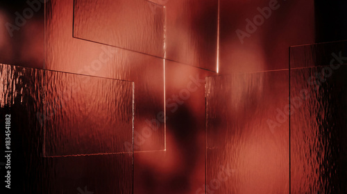 Light plays on textured glass panels in a warm, reddish setting in a modern indoor space during the evening hours