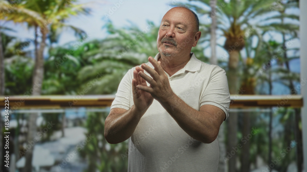Fototapeta premium Man senior hispanic clasping hands and gesturing on a balcony in a building with palm trees and glass railing; serenity reflection.
