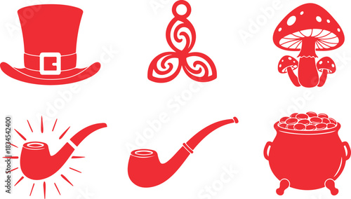 Red St Patrick's Day Icons Leprechaun Hat Mushroom Pipe Pot of Gold