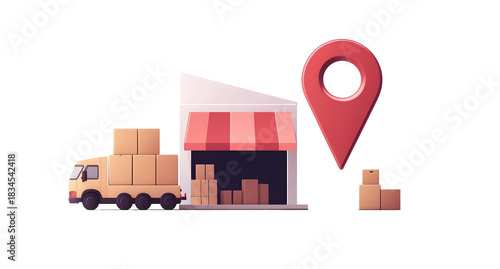 Fototapeta Naklejka Na Ścianę i Meble -  A store location sign with a large red pointer on a white background a small truck and cargo boxes near the shop A vector illustration of an online shop