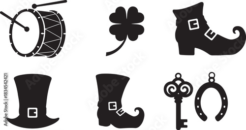 St Patrick's Day symbols drum shamrock leprechaun hat and boot