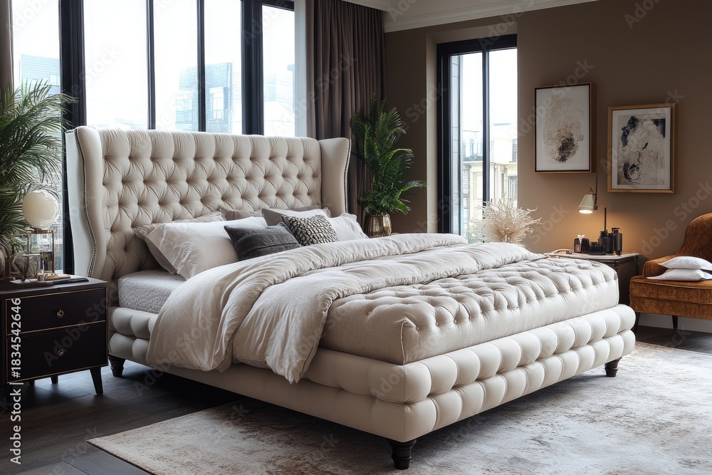 Fototapeta premium Elegant Bed Base with Tufted Design and Cozy Bedding