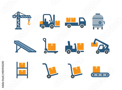 Warehouse and logistics icons set: transportation and storage symbols in flat style