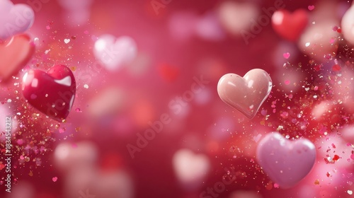 Beautiful abstract image featuring pink, red, and white 3D hearts with confetti and sparkles, evoking a romantic atmosphere perfect for Valentine's Day or love-themed designs.