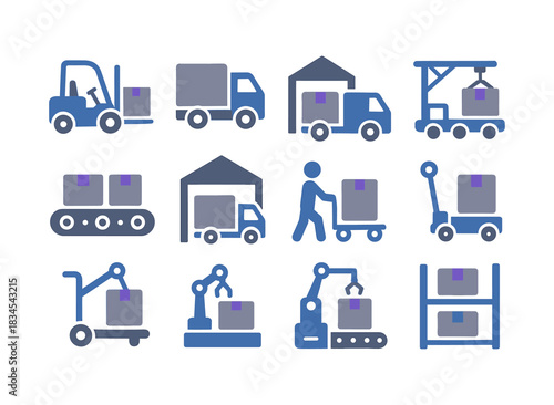 Warehouse logistics icons set featuring forklift, conveyor, and robotic arm in flat style