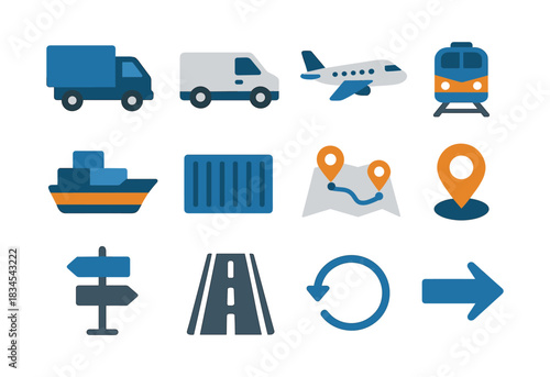 Transportation icons set: air, land, sea travel in modern flat design