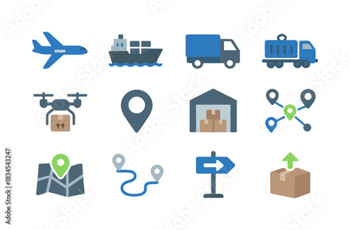 Logistics and delivery icons set featuring transportation and warehousing elements