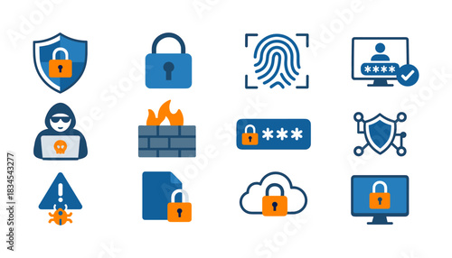 Cybersecurity icons set featuring lock, firewall, and biometrics in flat style