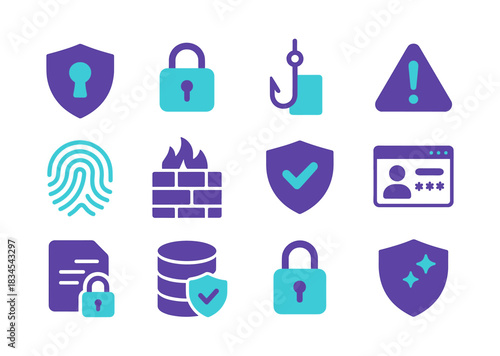 Cybersecurity icons set: protection, lock, firewall, id, phishing, alert