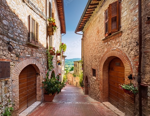 traditional italian medieval alley in the historic center of beautiful little town of spello perugia in umbria region central italy