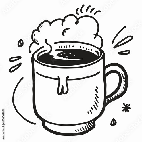 Fresh Hot Coffee Drink with Cream in Ceramic Mug