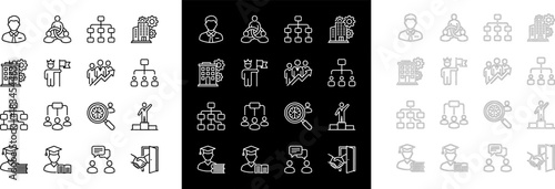 Business Management Line Icons Set: Collection of thin line icons representing organizational structures, teamwork, and business management concepts on black and white backgrounds.