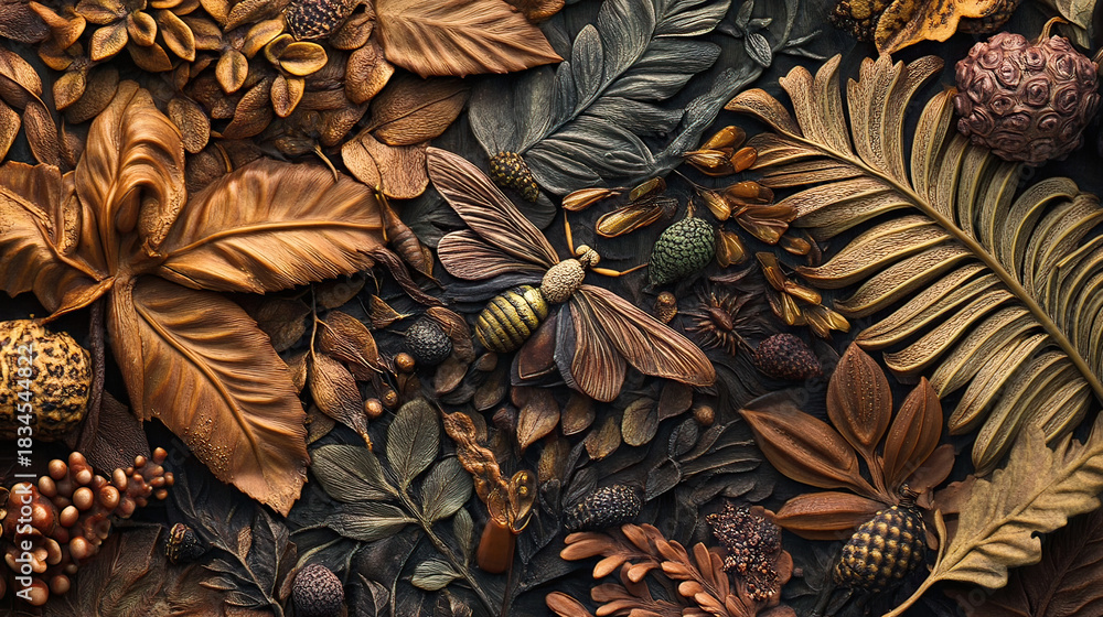 Fototapeta premium Close-up of intricate carved leaves, creating a unique and detailed mosaic AI Generative