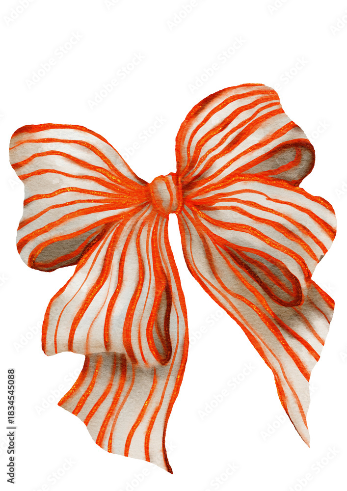 Fototapeta premium Elegant Orange Stripe Ribbon Bow Watercolor Clipart. Hand-painted classic striped bow for Christmas gifts, birthday parties, packaging, invitations, fabric prints and creative DIY projects