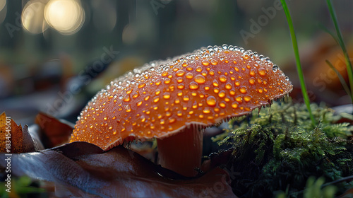 A macro shot of a mushroom glistening with water droplets, nestled among fallen leaves and moss AI Generative