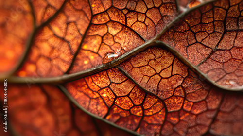 A close-up shot of a textured, intricate leaf with visible veins, showcasing nature's beauty and detail. The light filtering through the leaf creates a warm, inviting glow. AI Generative