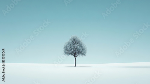 A lone tree in winter scenery covered with snow. A tranquil and serene landscape AI Generative