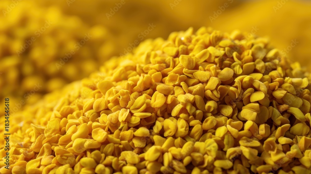Naklejka premium Close-up View of Vibrant Yellow Seeds Piled Together on a Soft Surface with Natural Lighting and a Shallow Depth of Field for Food Photography