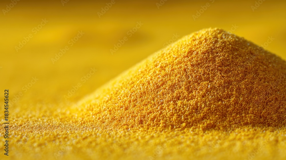 Naklejka premium Fine yellow powder resembling cornmeal or flour arranged in a small pile on a vibrant yellow background for food photography or culinary use